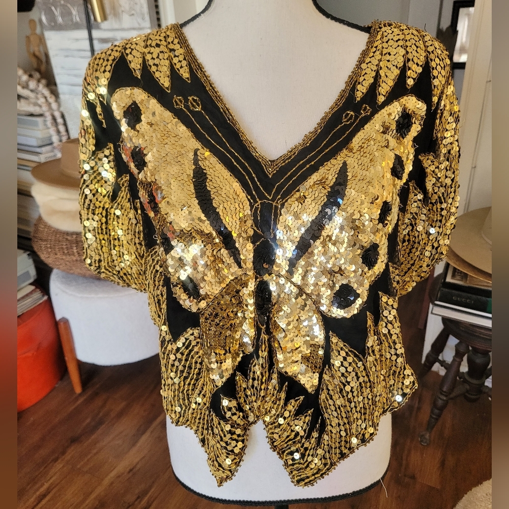 Gold Sequin Vintage Butterfly Top